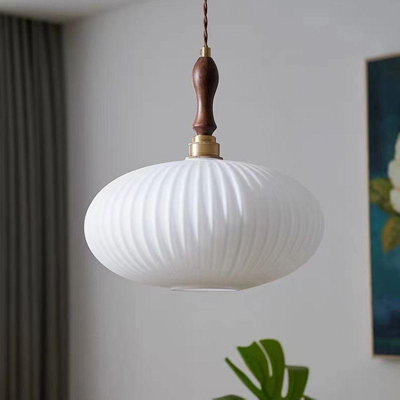 Milk Glass Dome Pendant Light with Walnut Wood Top, 25 cm