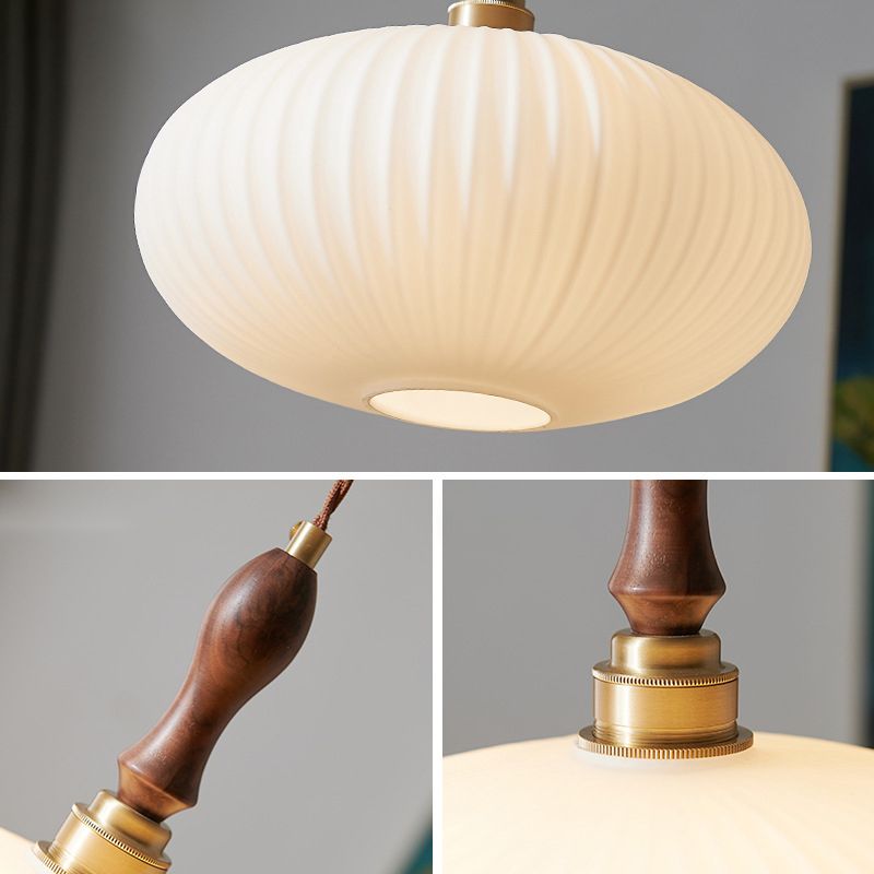 Milk Glass Dome Pendant Light with Walnut Wood Top, 25 cm