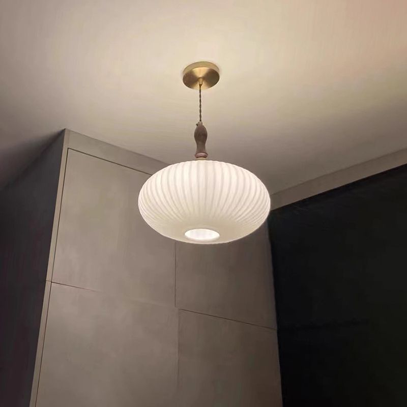 Milk Glass Dome Pendant Light with Walnut Wood Top, 25 cm