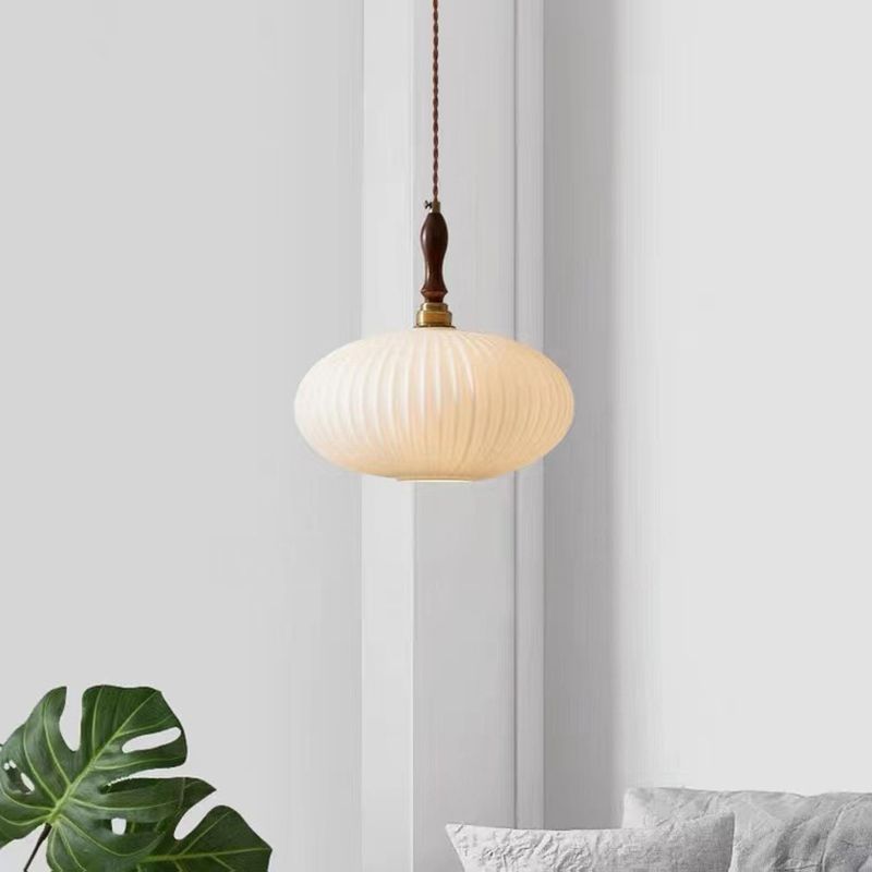 Milk Glass Dome Pendant Light with Walnut Wood Top, 25 cm