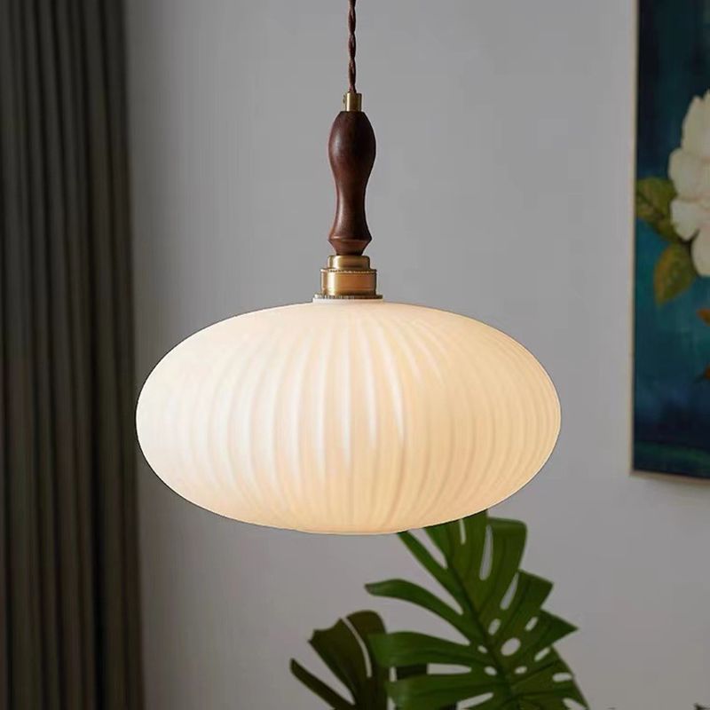 Milk Glass Dome Pendant Light with Walnut Wood Top, 25 cm