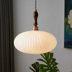 Milk Glass Dome Pendant Light with Walnut Wood Top, 25 cm