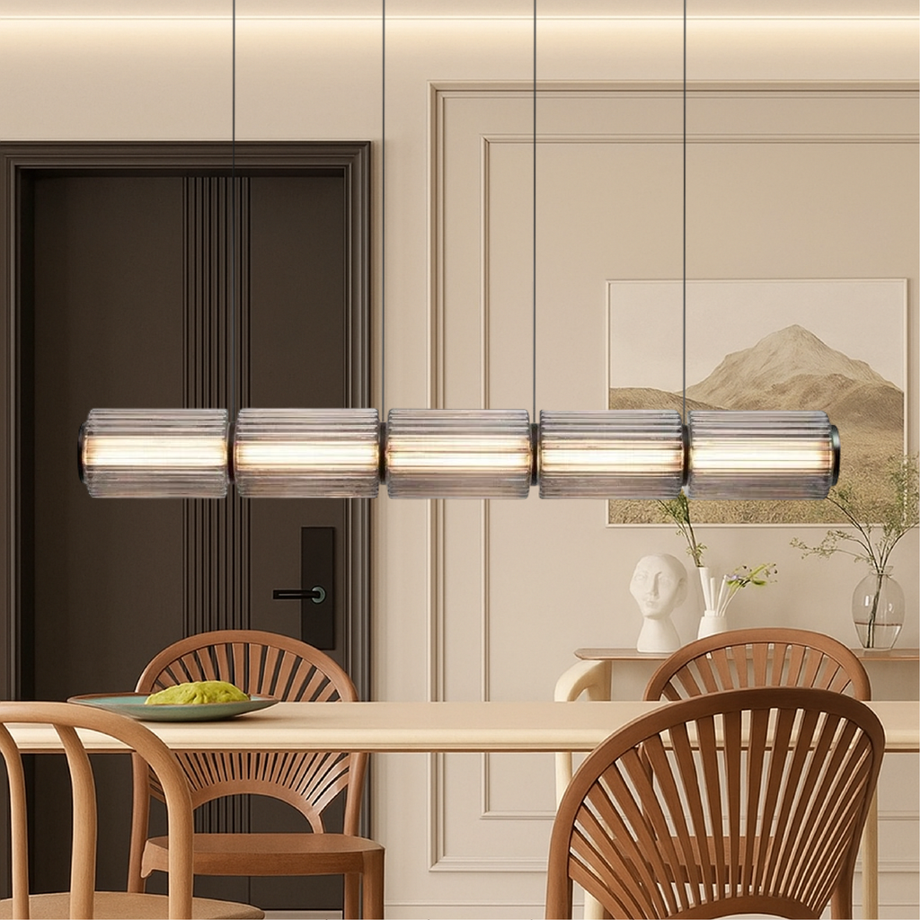 Linear Cylinder Glass Pendant Light, Black Iron with LED