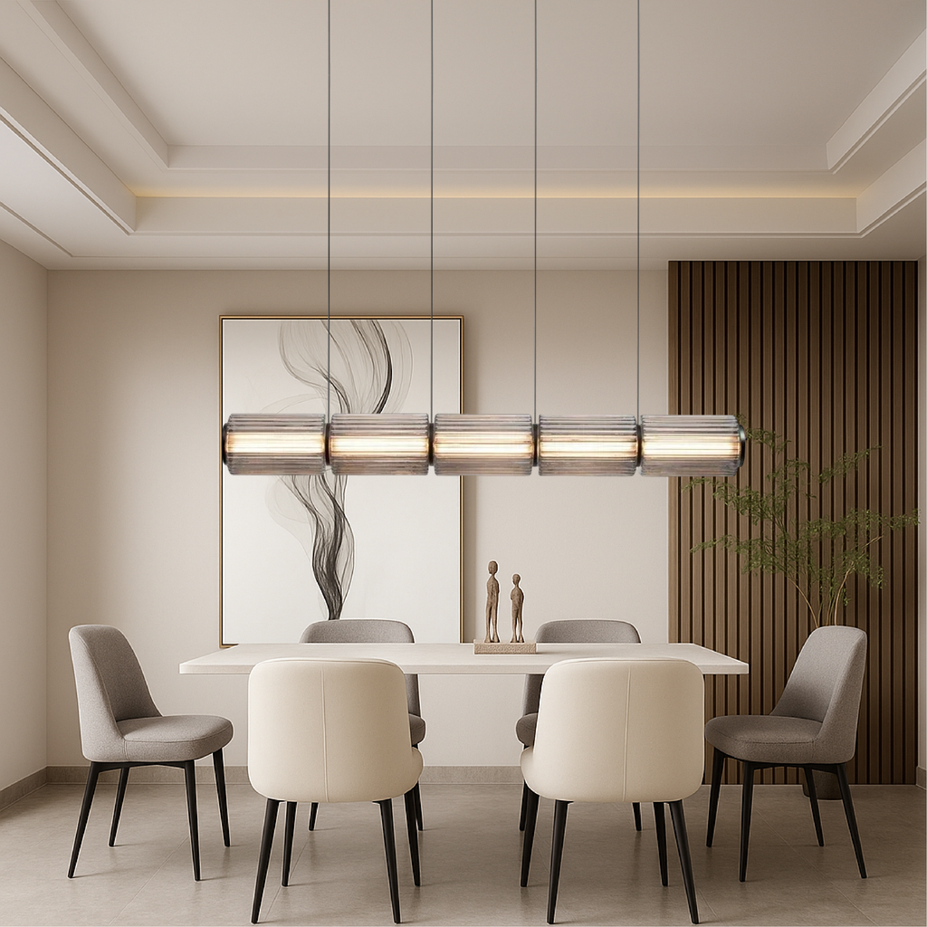 Linear Cylinder Glass Pendant Light, Black Iron with LED