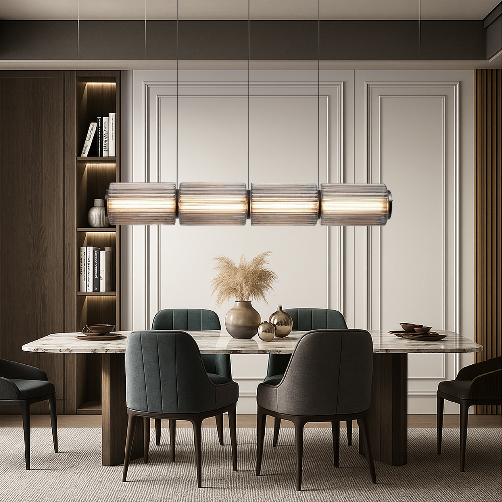 Linear Cylinder Glass Pendant Light, Black Iron with LED