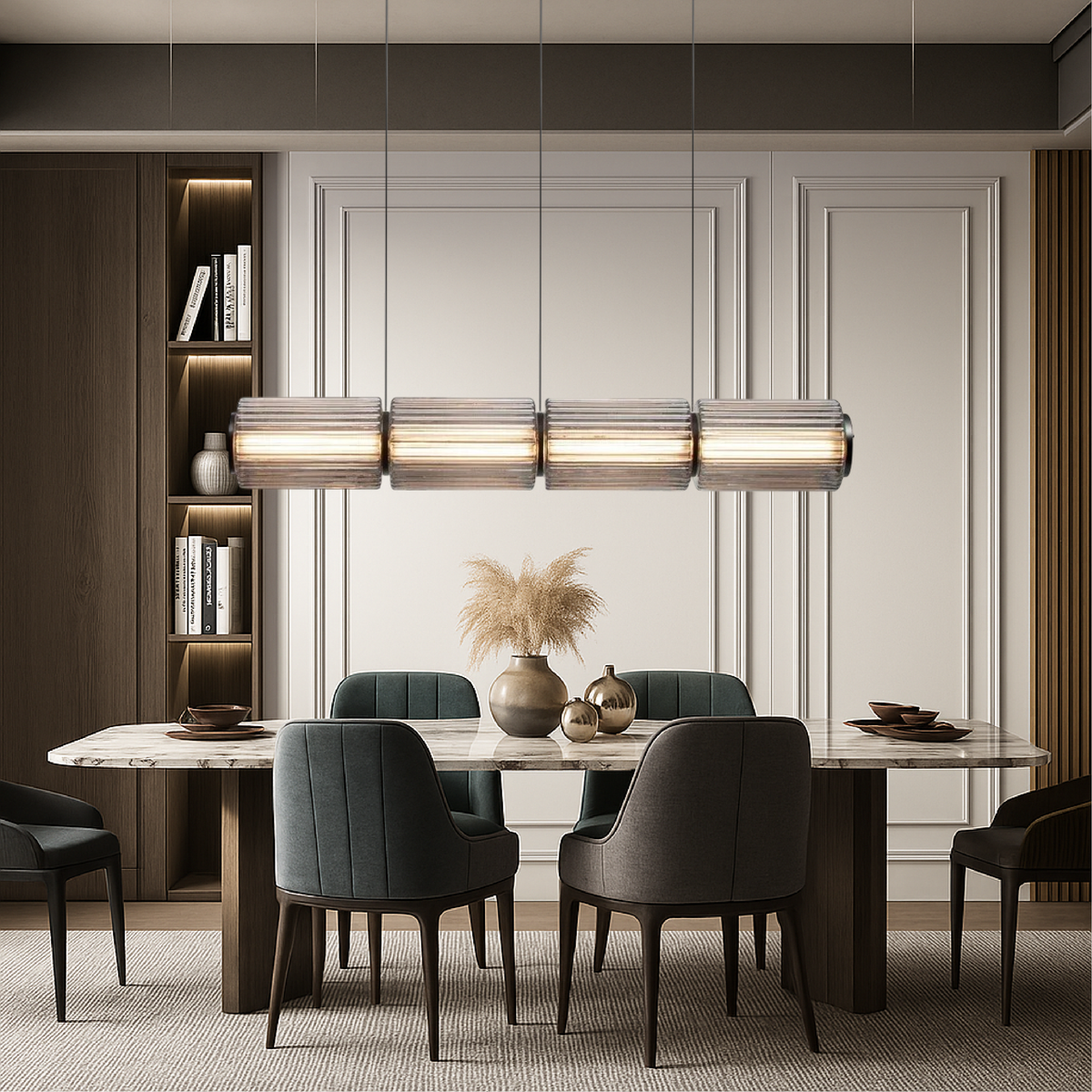 Linear Cylinder Glass Pendant Light, Black Iron with LED