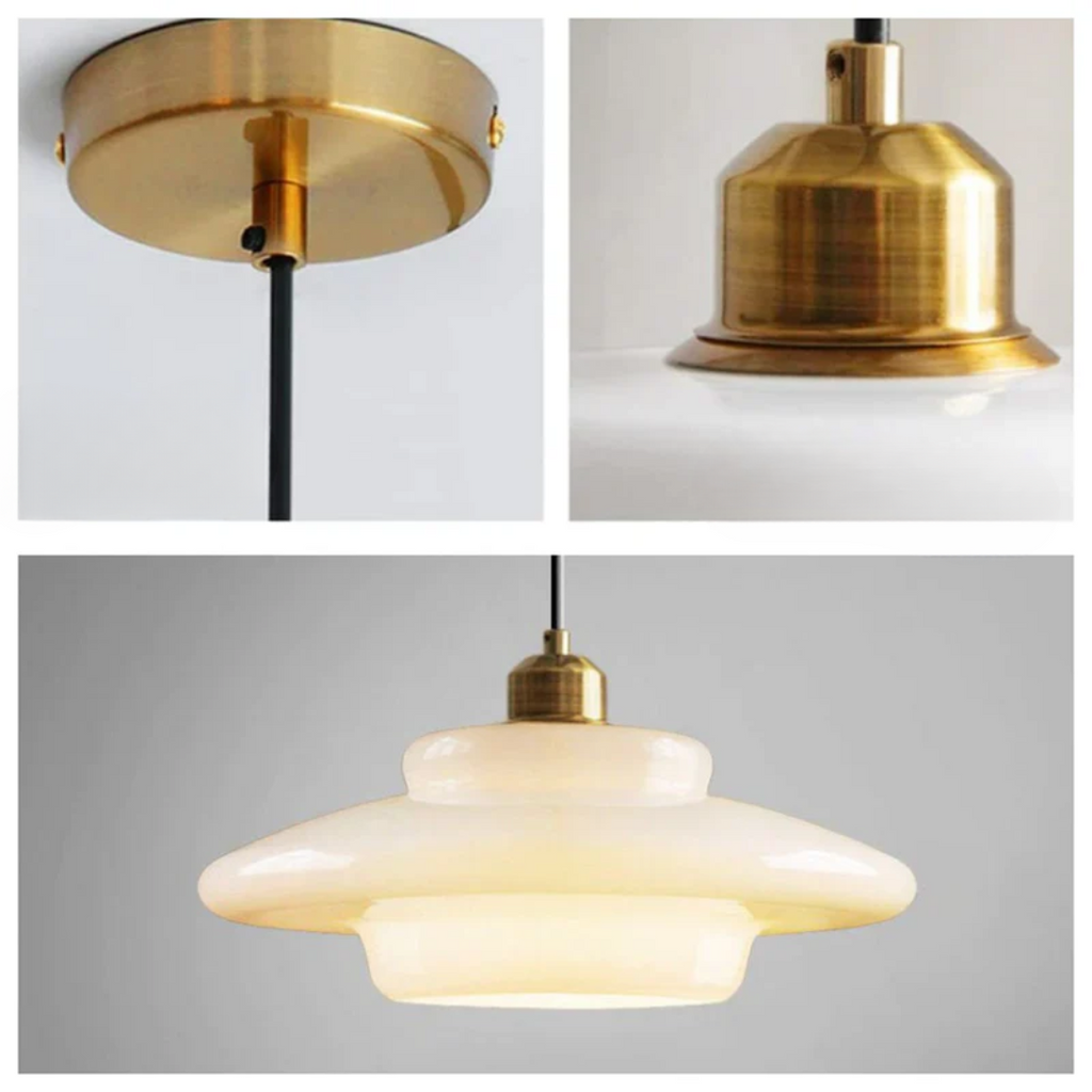 Round Glass Pendant Light with Gold Detail, Adjustable Drop
