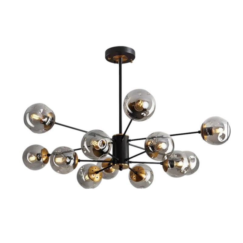 Scandinavian Glass Globe Chandelier, Black Iron, 6 to 16 Lights
