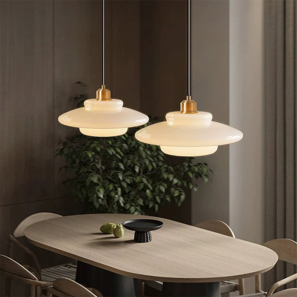 Round Glass Pendant Light with Gold Detail, Adjustable Drop