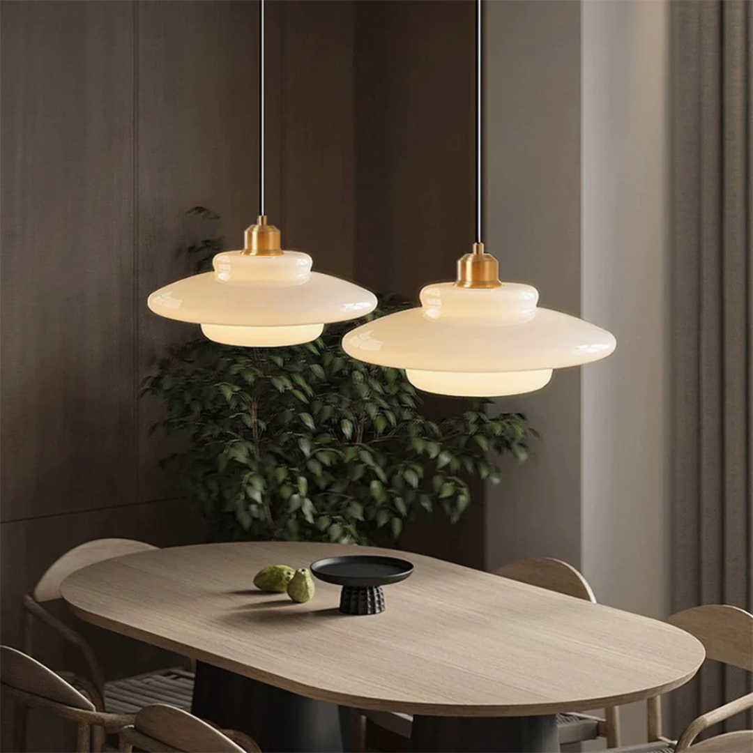 Round Glass Pendant Light with Gold Detail, Adjustable Drop