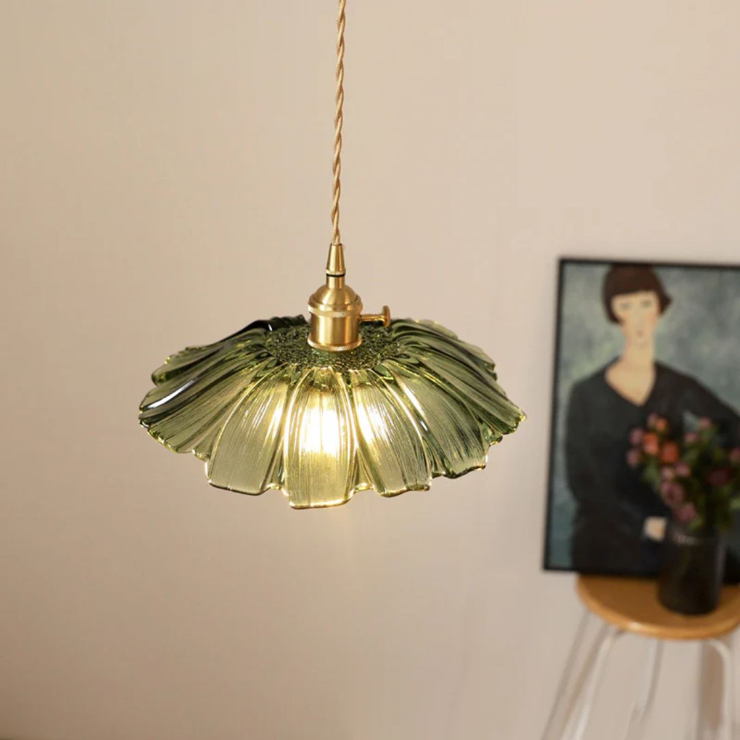 Ribbed Glass Flower Pendant Light with Gold-Tone Fitting