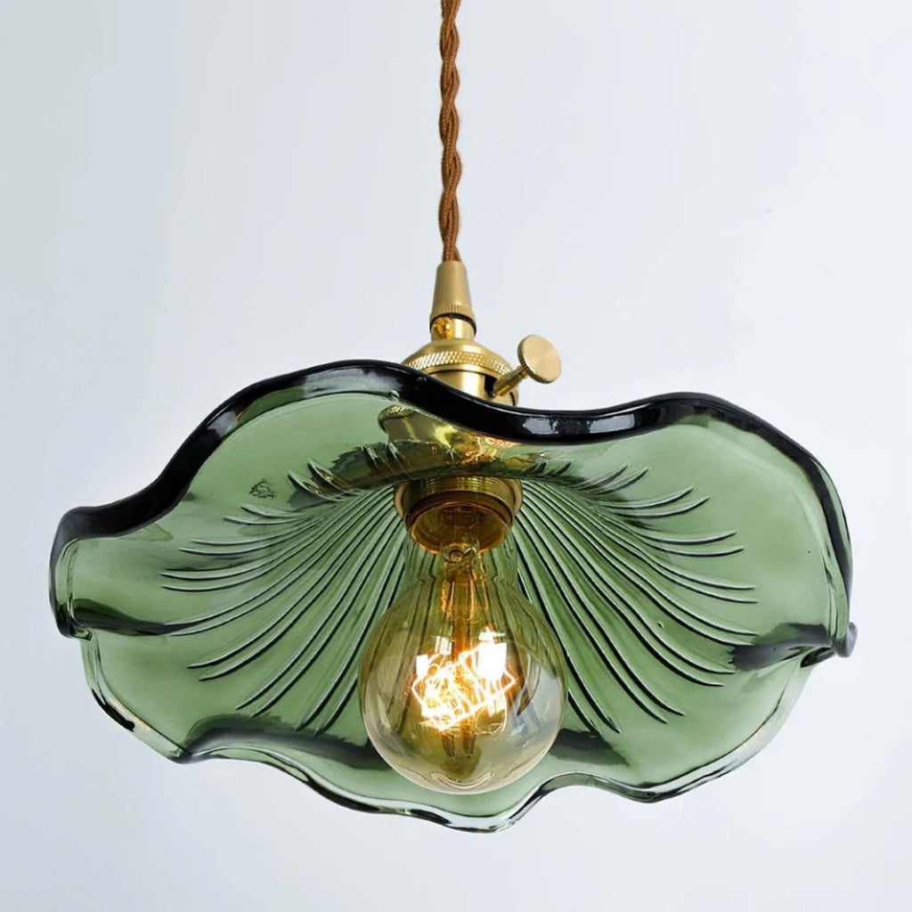 Green Glass Flower Pendant Light 23 cm with Brass Fitting