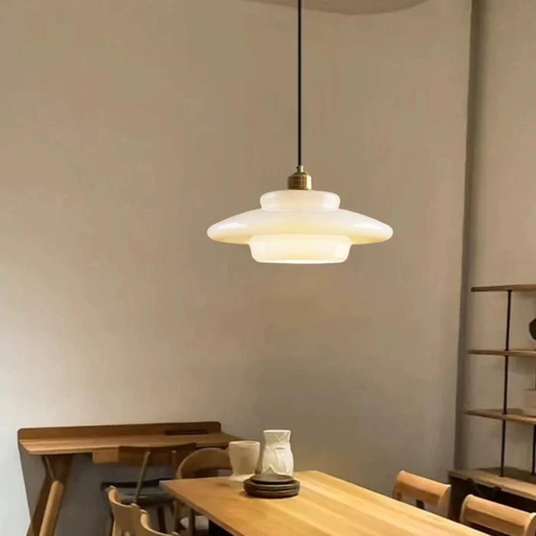 Round Glass Pendant Light with Gold Detail, Adjustable Drop