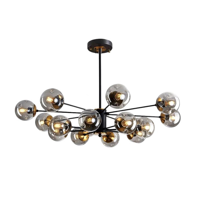 Scandinavian Glass Globe Chandelier, Black Iron, 6 to 16 Lights