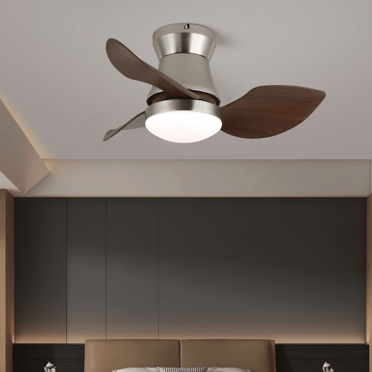 Nickel and Walnut Ceiling Fan with 24W LED Light, 60 cm