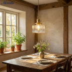 Vintage Ribbed Glass Pendant Light with Iron Frame