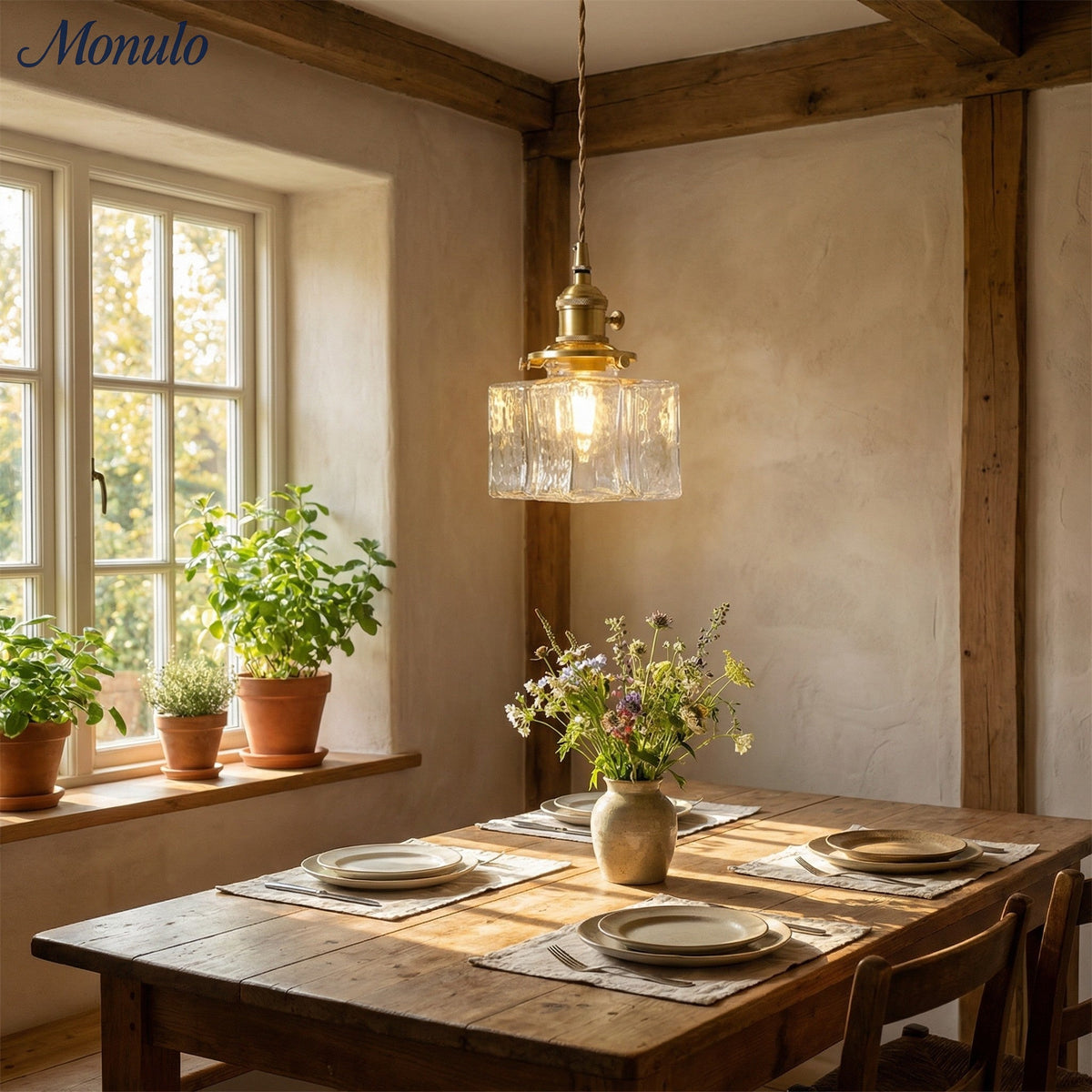 Vintage Ribbed Glass Pendant Light with Iron Frame