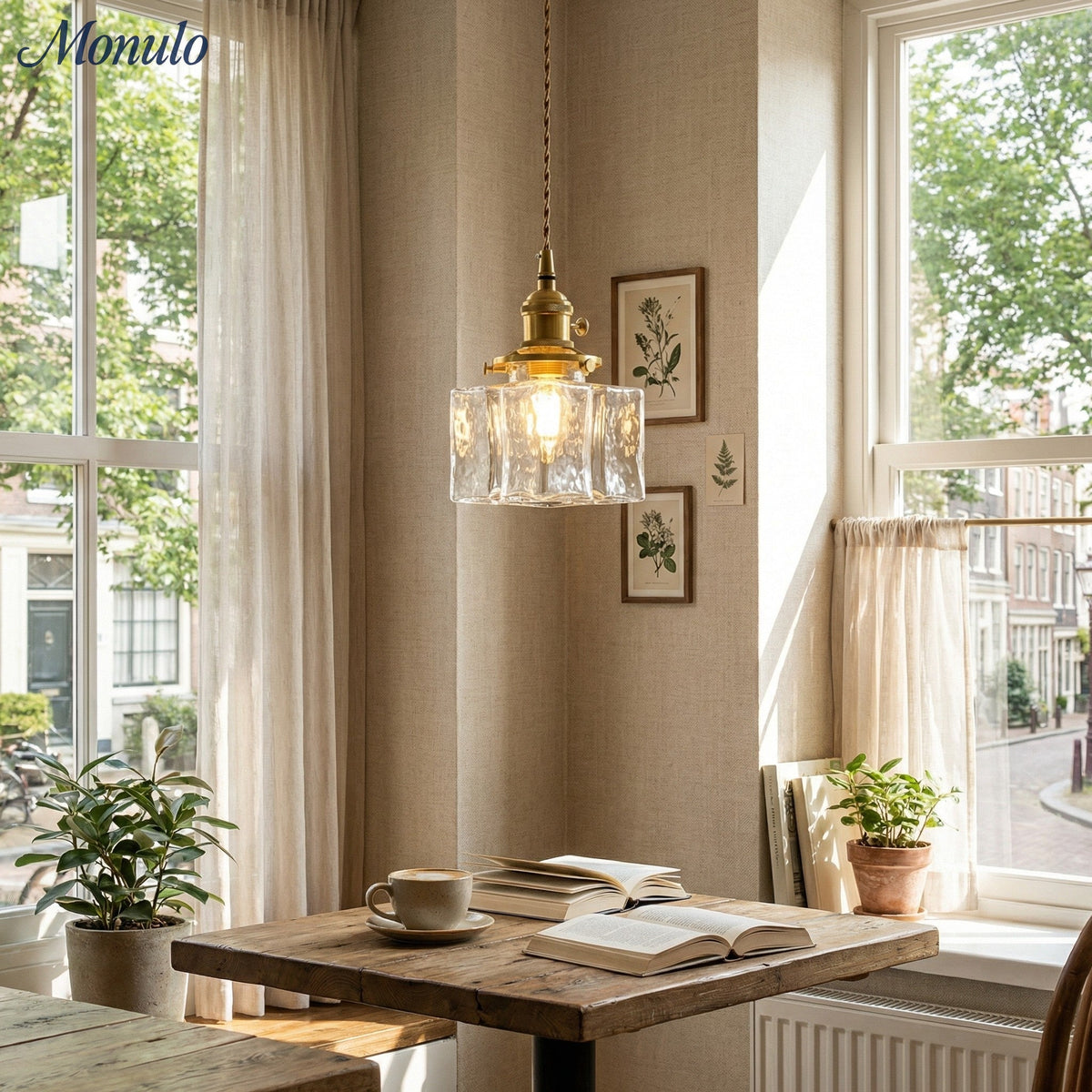 Vintage Ribbed Glass Pendant Light with Iron Frame