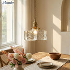 Vintage Ribbed Glass Pendant Light with Iron Frame