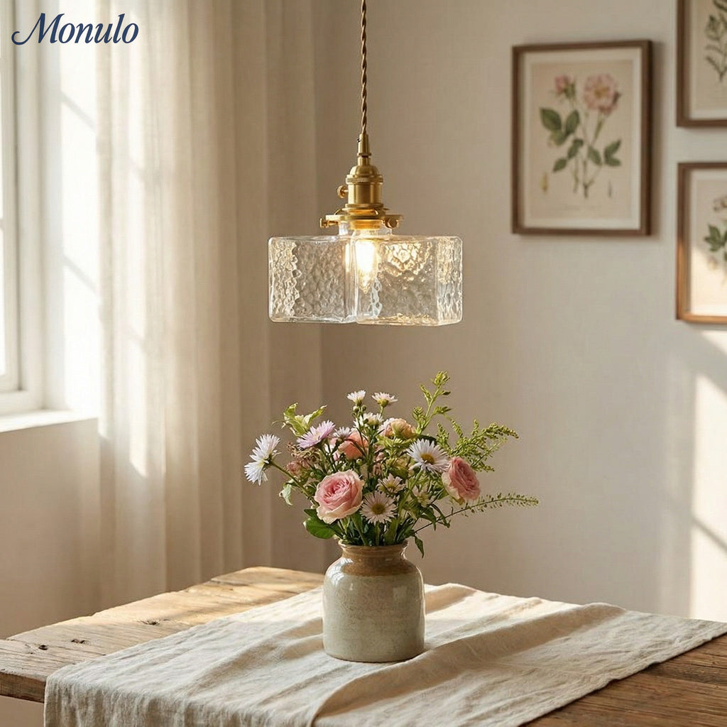 Vintage Ribbed Glass Pendant Light with Iron Frame