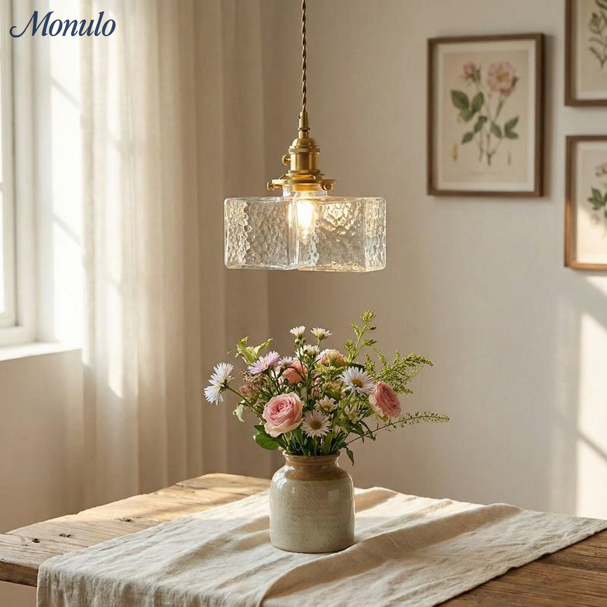 Vintage Ribbed Glass Pendant Light with Iron Frame