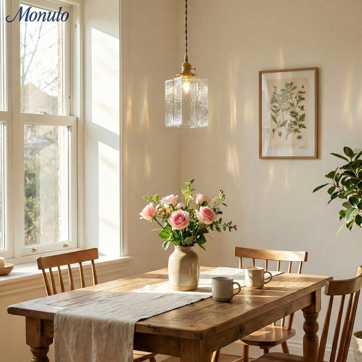 Vintage Ribbed Glass Pendant Light with Iron Frame