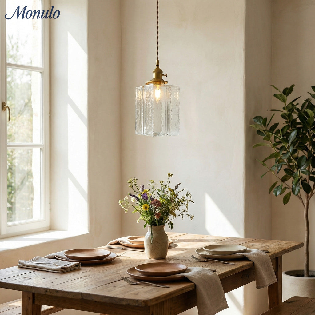 Vintage Ribbed Glass Pendant Light with Iron Frame