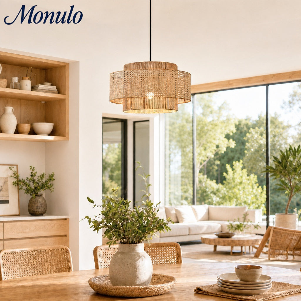 Handwoven Hemp Rope and Rattan Drum Pendant Light
