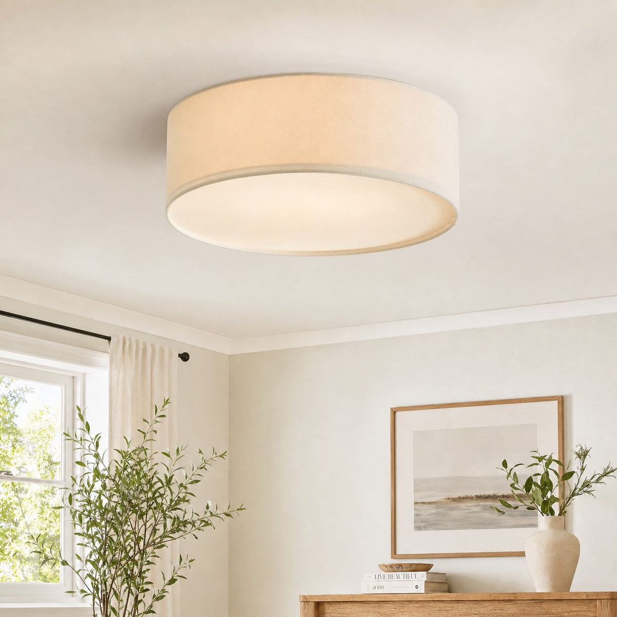 Linen Drum Ceiling Light, 45.7cm, White Flax Texture