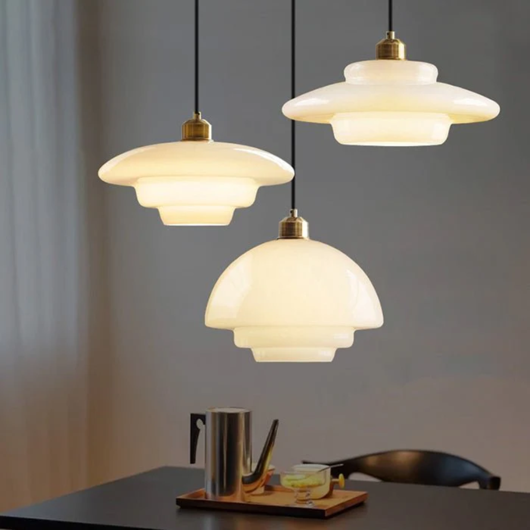 Round Glass Pendant Light with Gold Detail, Adjustable Drop