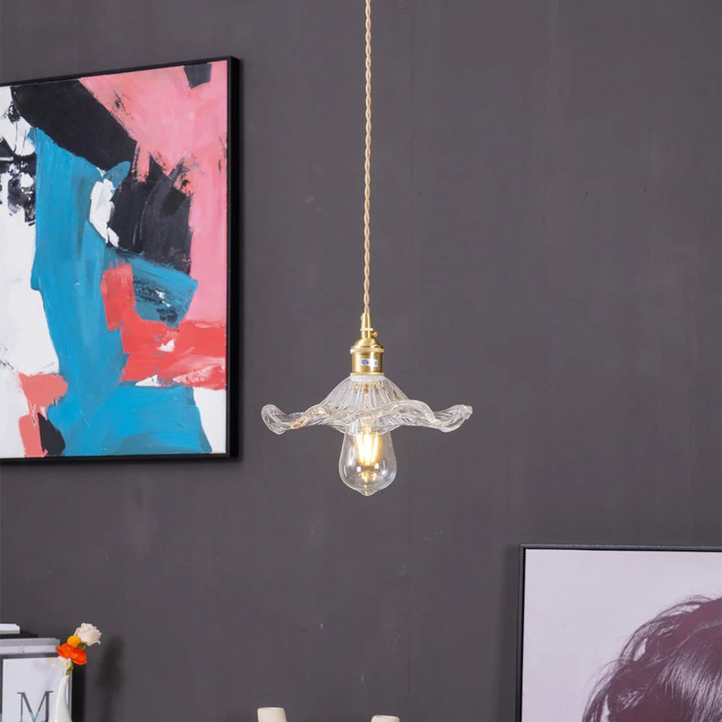 Green Glass Flower Pendant Light 23 cm with Brass Fitting