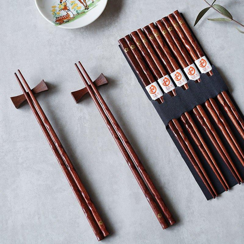 Wooden Chopsticks, Set of 5 Pairs with Gold Sakura Design