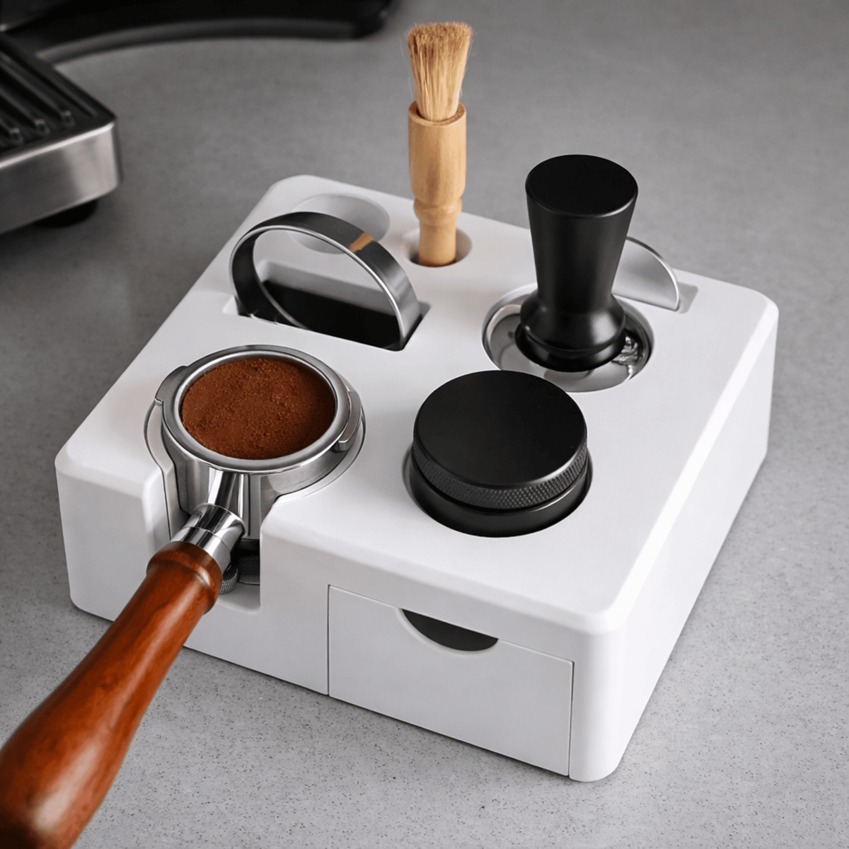Espresso Tamping Station with Tool Storage and Knock Tray
