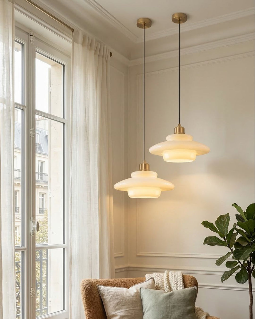 Opal White Glass Pendant Light with Brushed Brass, E27