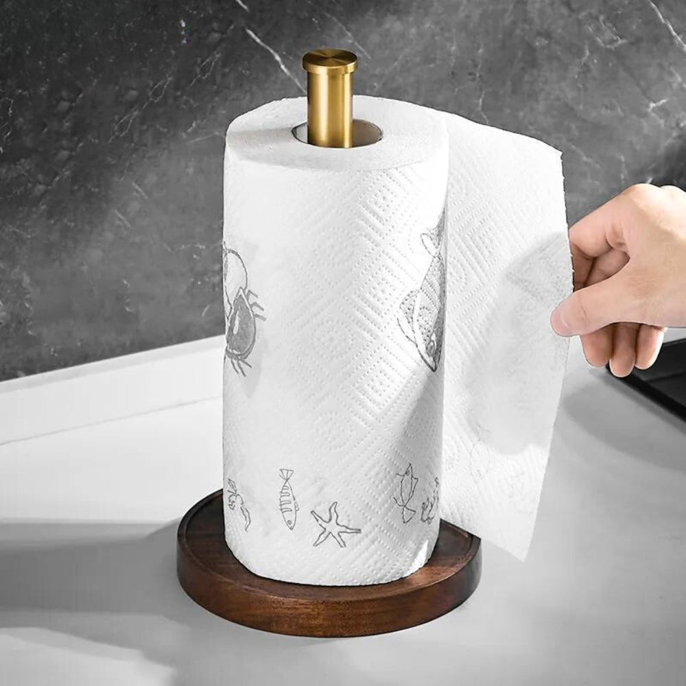 Walnut and Gold Stainless Steel Kitchen Roll Holder, 27 cm