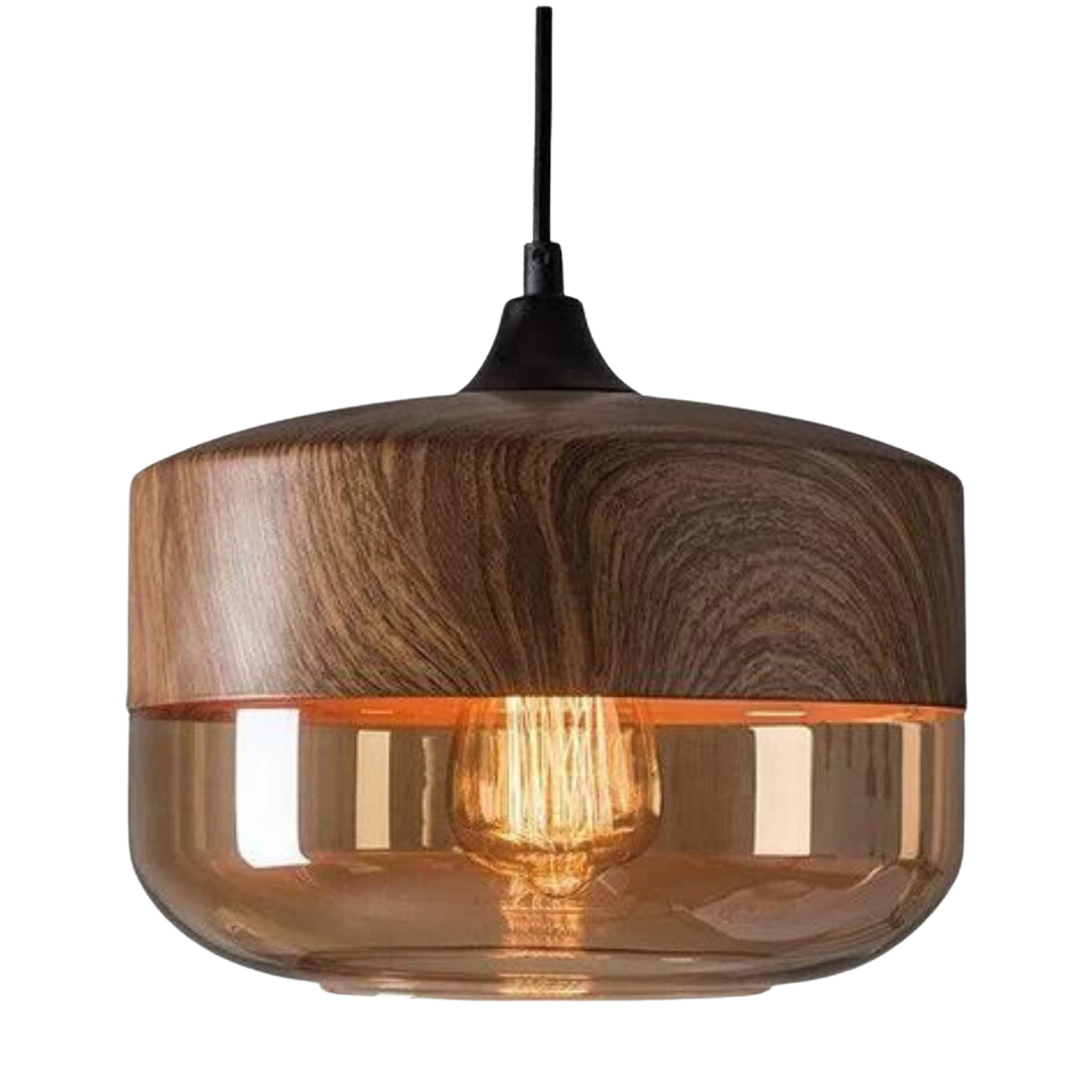 Scandinavian Pendant Light with Glass Shade and Wood-Look Finish