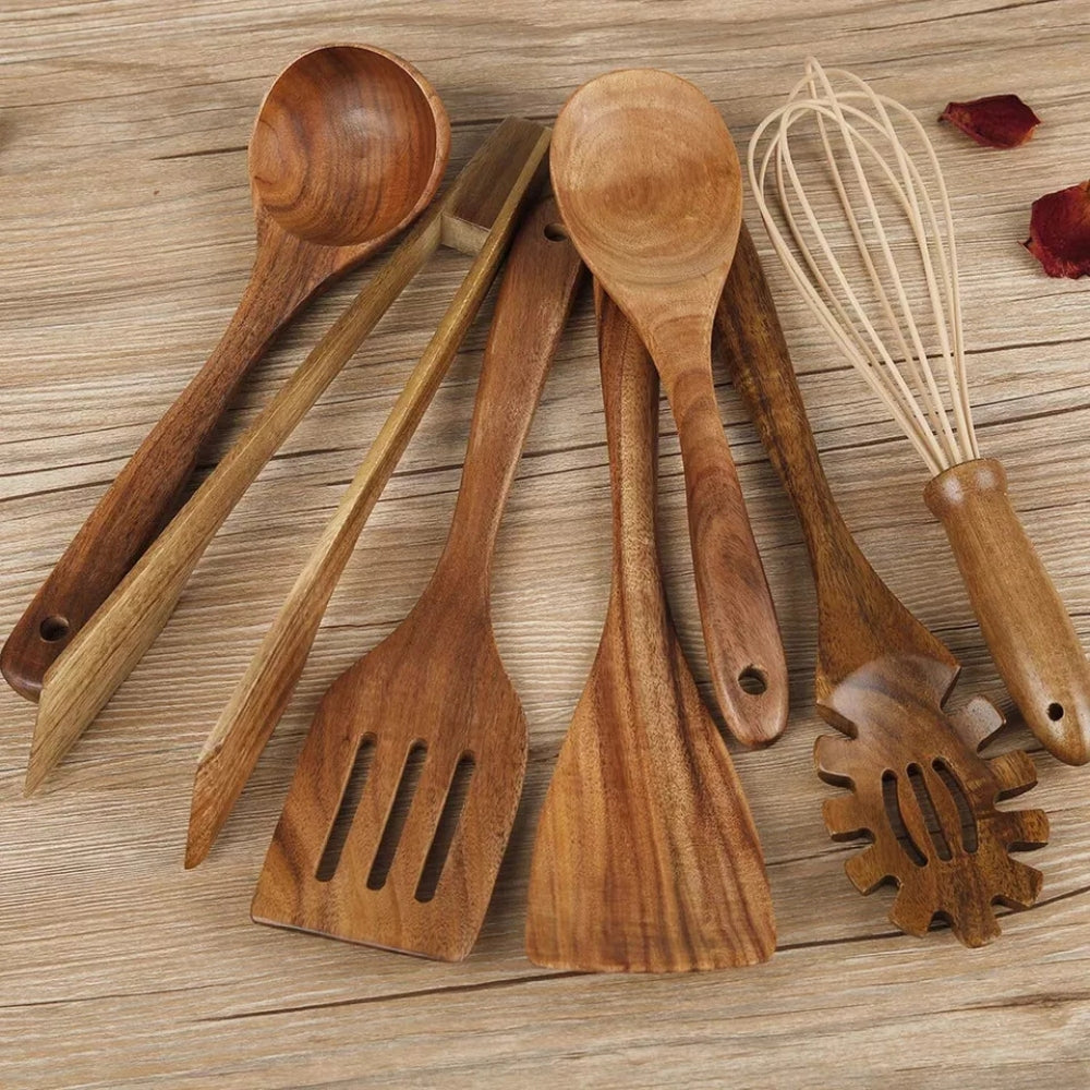 Beech Wood Kitchen Utensil Set of 7, Heat Resistant