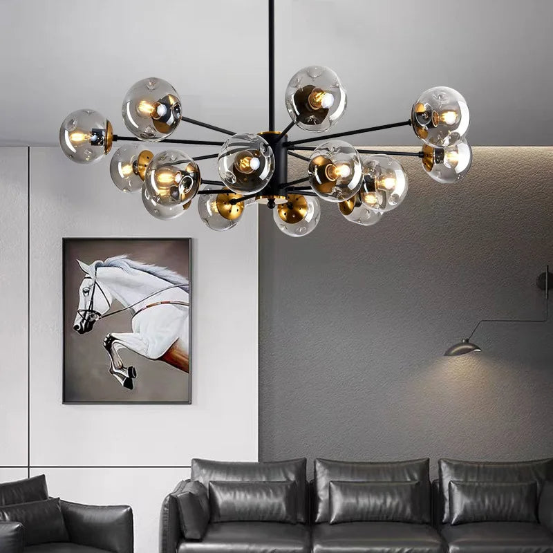 Scandinavian Glass Globe Chandelier, Black Iron, 6 to 16 Lights