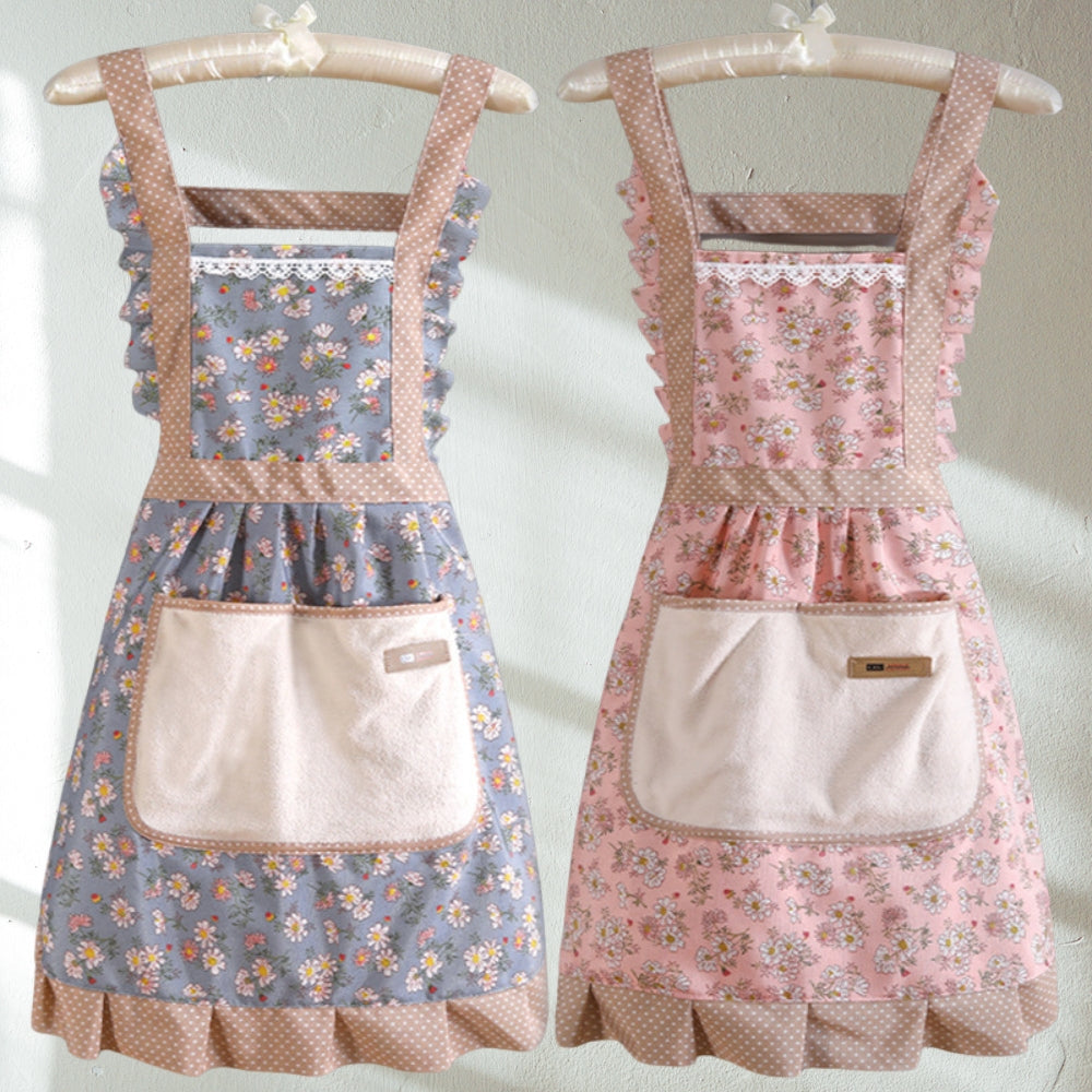 Floral Cotton Apron, Water-Repellent with Pockets, Adjustable