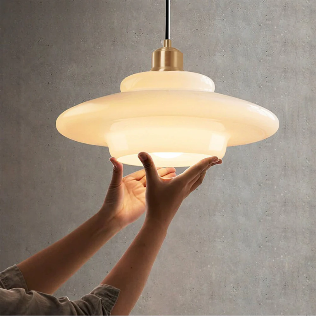 Round Glass Pendant Light with Gold Detail, Adjustable Drop