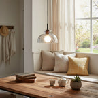 Hammered Clear Glass Dome Pendant Light with Wood Accents