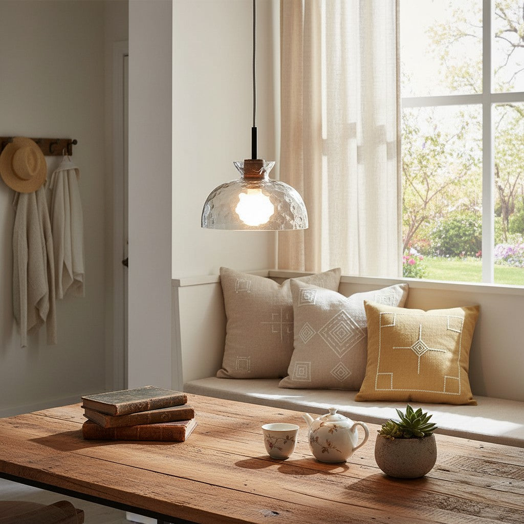 Hammered Clear Glass Dome Pendant Light with Wood Accents