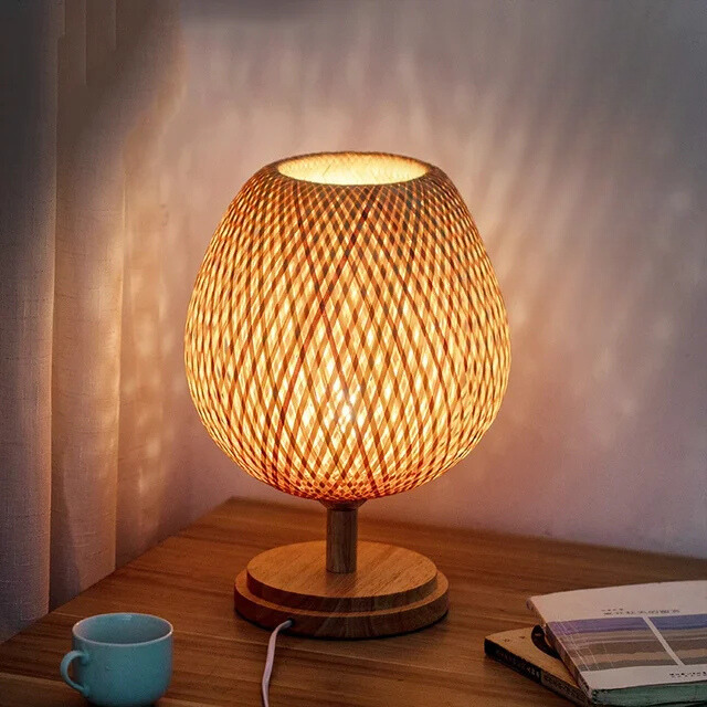 Handmade Bamboo Table Lamp with Wooden Base, Vintage Style