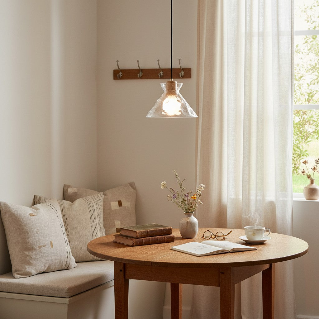 Hammered Clear Glass Dome Pendant Light with Wood Accents