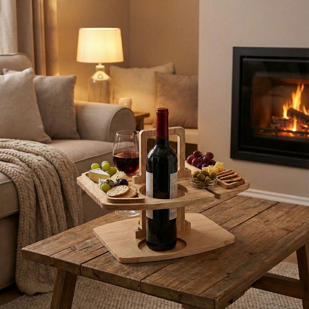 Wooden Wine and Aperitif Table for Picnics and Garden Evenings