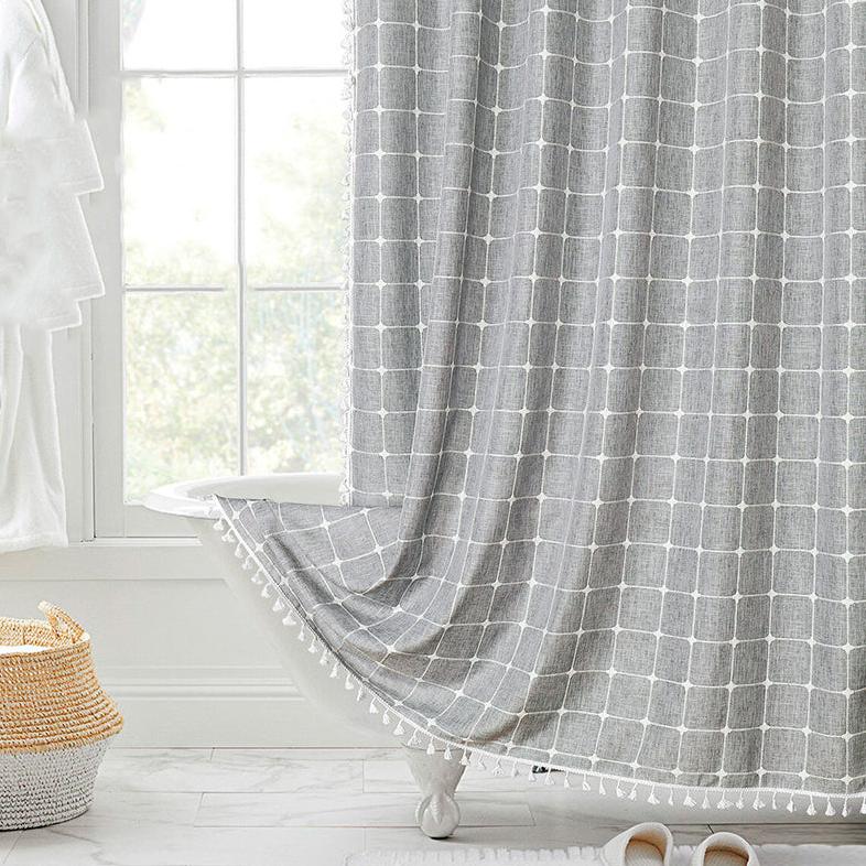 Boho Tasselled Shower Curtain, Waterproof Linen-Weave Jacquard