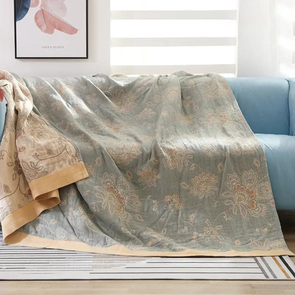 Cotton Gauze Summer Blanket with Jacquard Floral Pattern