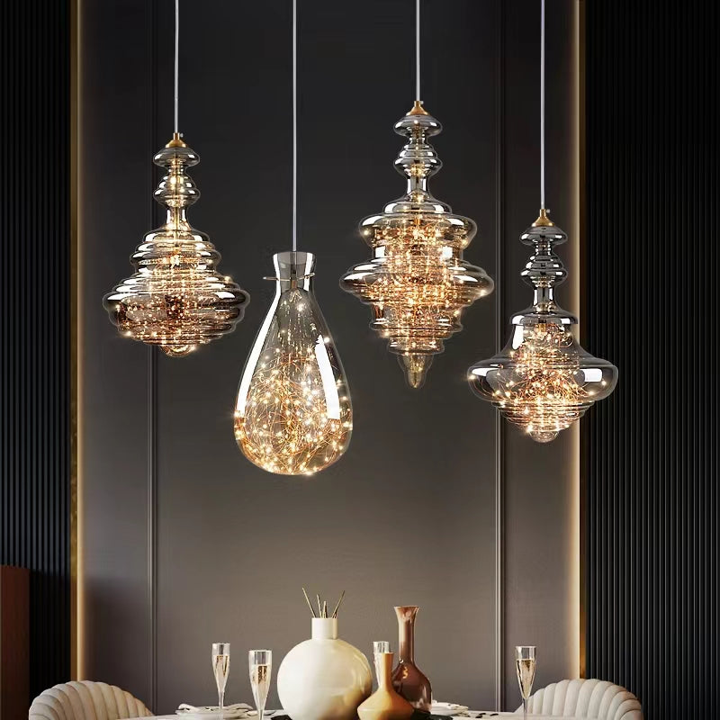 Grey Glass Pendant Chandelier with Starlight Ceiling Effect