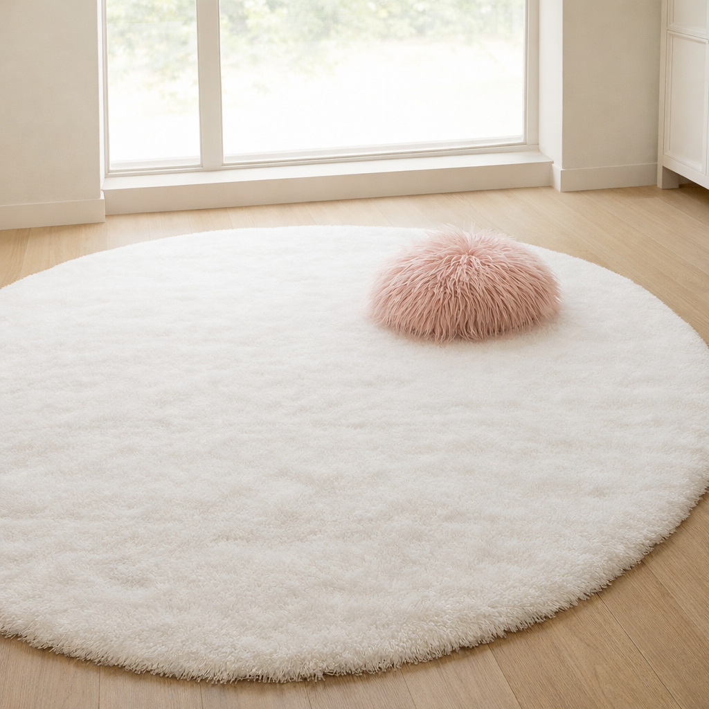 Round Silk and Wool Blend Rug, Handwoven in Neutral Tones