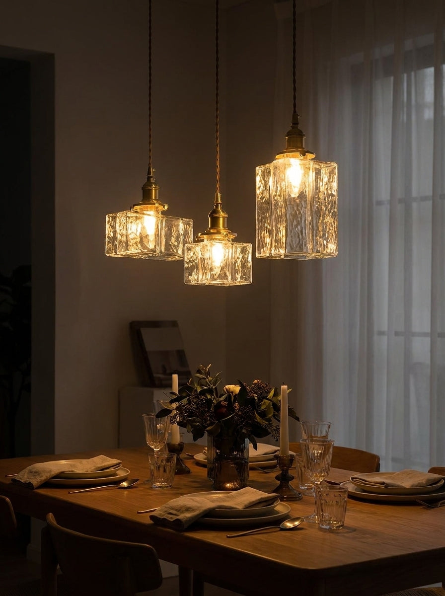 Vintage Ribbed Glass Pendant Light with Iron Frame